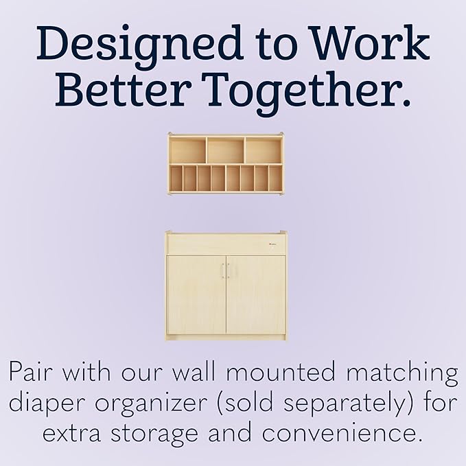 Foundations SafeSwing Daycare Changing Table, Formerly SafetyCraft - Durable Wood Cabinet with 2 Built-in Shelves - Storage w/Soft Close Hinges, Includes Durable Mattress Pad, Natural