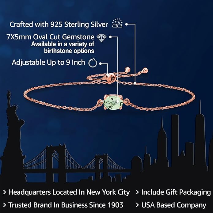 Gem Stone King 7X5MM Oval Gemstone Birthstone Solitaire Bracelet For Women | 925 Sterling Silver | Adjustable Bolo Bracelet For Women | Fine Jewelry Gifts for Her Mom Wife