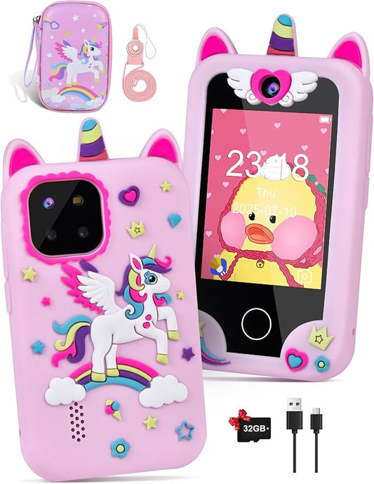 Kids Phone for Girl Toys, Christmas Birthday Gift for Girls Age 3-10, Toddler Learning Toys Phones, 2.8" Touchscreen Kids Smart Phone with Dual Camera, Game, MP3 Player, 32GB Card & Unicorn Bag Pink