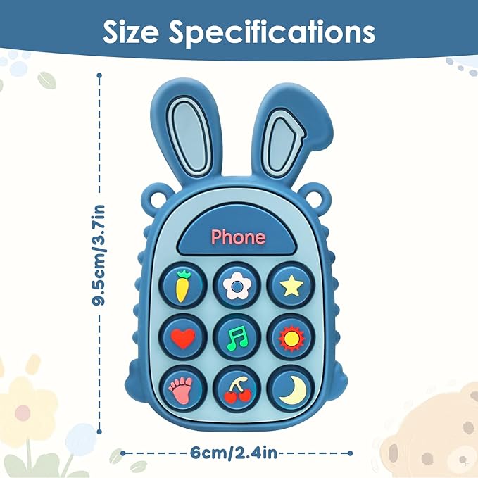 Teething Toys for Babies, BPA-Free Silicone Teether Toy for Infants, Cute Rabbit Phone Design with Easy-Grip Ears, Soothing Gums and Push Pop for Boy and Girl