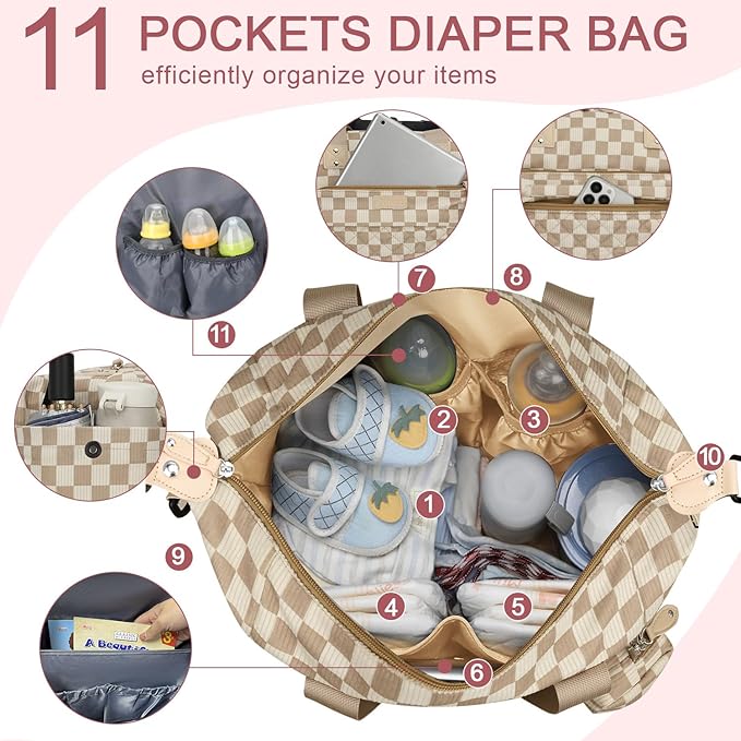 Diaper Bag Tote - Diaper Baby Bags with Pacifier Case, Shoulder Straps, Stroller Clips, Waterproof Large Mommy Maternity Travel Baby Bag for Mom and Dad, plaid