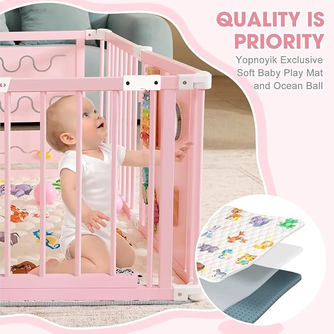 Foldable Wooden Baby Playpen with Soft Play Mat, Adjustable Playpen for Babies and Toddlers with 36 Colorful Balls, Portable Baby Fence Play Area Activity Center with Gate for Toddlers(56x56x23inches)