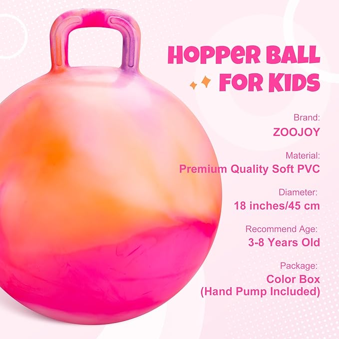 ZOOJOY Hopper Ball for Kids, 18In Bouncy Ball with Handle, Orange Clouds Girls Toys for Indoor Outdoor Active Play, Best Inflatable Balance Hopping Toys for Girls Boys Gifts 3 4 5 6 7 8 9 Yr Old