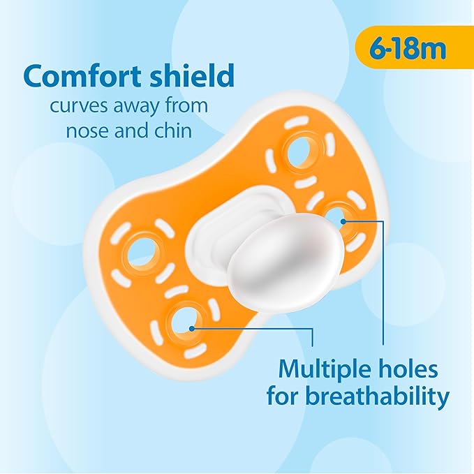 Dr. Brown's Advantage One-Piece Silicone Baby Pacifier, Fully Symmetrical Soother, Dark Blue/Light Blue/Orange, 6-18m, BPA Free, 3 Pack