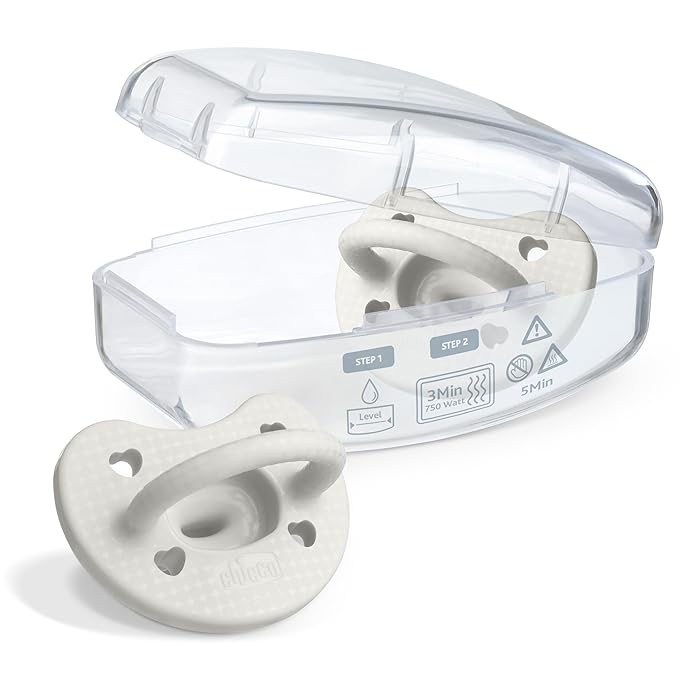 Chicco PhysioForma Luxe Orthodontic Pacifier, 0-6m | 100% Soft Silicone | Supports Breathing & Oral Development | Textured Shield & Handle | Includes Sterilizing Case | BPA Free | Pearl Grey, 2pk