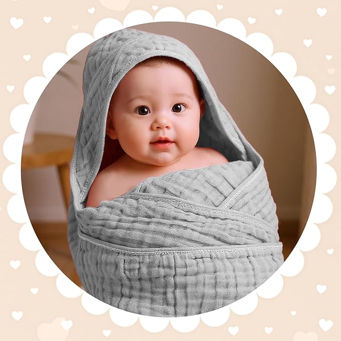Peryiter 6 Pcs Muslin Hooded Baby Towels 32x32inch Cotton Newborn Bath Essentials Muslin Infant Blankets Absorbent Registry Baby Shower Present for Babies Girl Boy Kids (Gray Series)