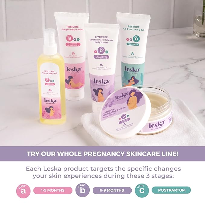 Leska Maternity Set | Belly Lotion, Stretch Mark Defense Cream, All-Over Toning Gel | All Maternity Stages Skincare System for Pregnancy & Postpartum | New Mom Gifts (Set of 3, 4oz each)