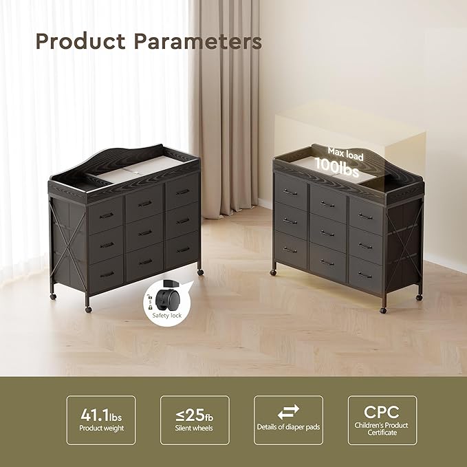 Baby Changing Table with 9 Fabric Drawers, Waterproof Diaper Changing Station & Pad, Mobile Nursery Diaper Changing Table, Baby Furniture, Bedroom, Black