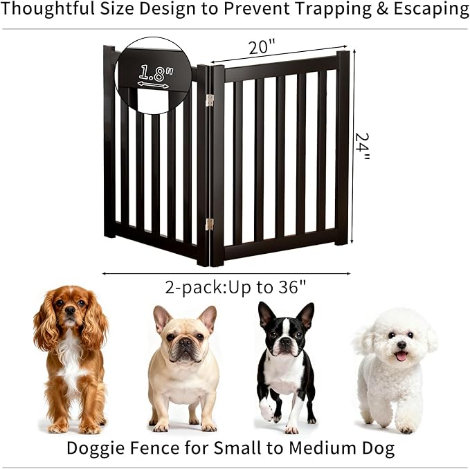 2-Panel Solid Wood Dog Gate - Freestanding Folding Pet Gate for Doorways, Stairs, Indoor, 24" Height, No Installation Needed, Black