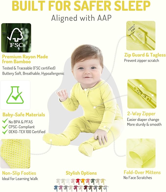 HAPIU Rayon from Bamboo Baby Footed Pajamas, 2 Way Premium Zipper, Footie for Baby Boy Girls, Newborn-24 Months
