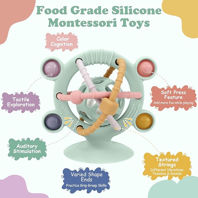 TYRY.HU Silicone Baby Teething Toys for Babies 0-6 6-12 Months, Multi Purpose High Chair Toys, Baby Suction Table Toys, Teething Relief Chew Toy, Sensory Rattle Toy with Textures for Infants, Green
