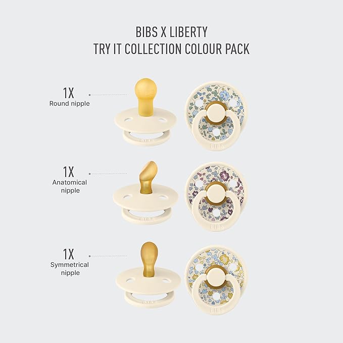 BIBS Colour Liberty Try-It Collection: 3 Soothers for Your Baby's Unique Needs, Round Nipple. Natural Rubber Latex, Made in Denmark, 0+ Months (Pack of 3), Eloise