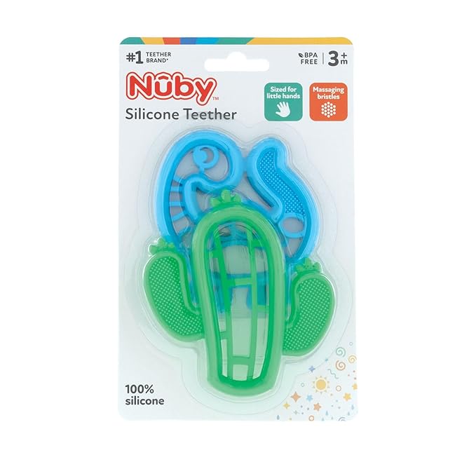 Nuby Soft Silicone Gum Massaging Baby Teether Toy - (2 Pack) Baby Teething Relief Toys for 3+ Months - Dino and Cactus
