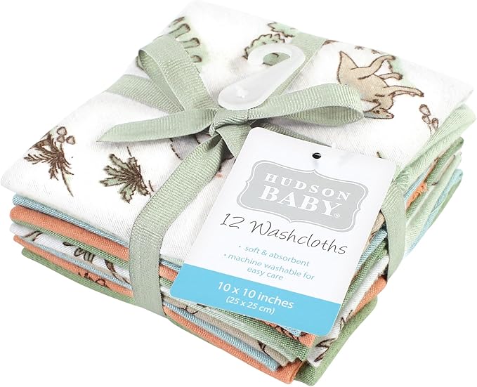 Hudson Baby Unisex Baby Flannel Washcloths, Dinosaur Adventures 12Pk, One Size