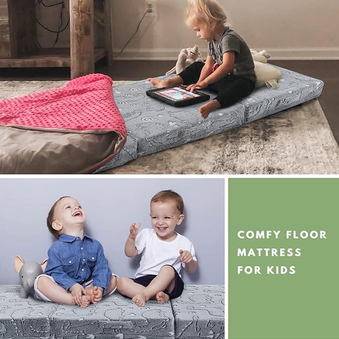 MeMoreCool Glow Dinosaur Foldable Floor Mattress for Kids, Trifold Nap Mat for Toddlers, Portable Daycare Sleeping Futon or Floor Bed, 75x25 Inch