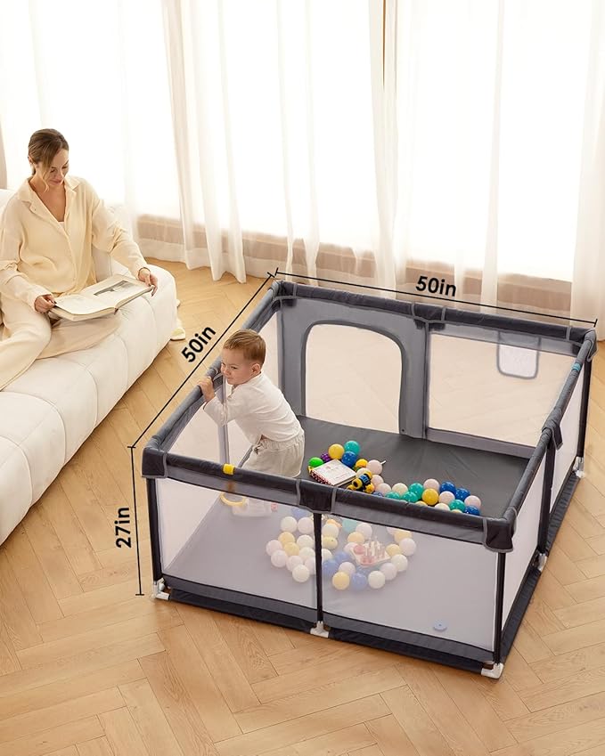 50" x 50" Extra Large Baby Playpen for Babies and Toddlers, Safe with Soft Play Fence, Indoor Safety Yard, Easy to Assemble and Clean (Gray)
