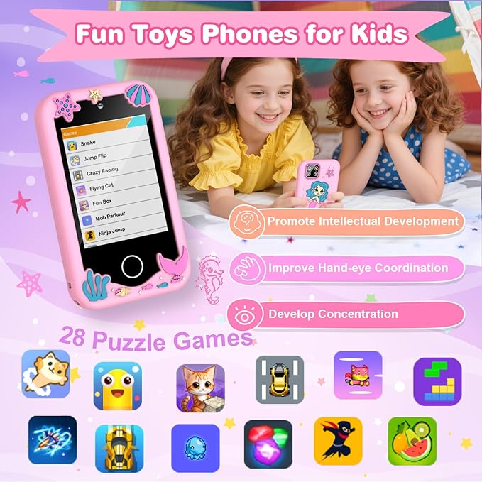 M SANMERSEN Kids Smart Phone for 3-6 Year Olds – 2.8" Touchscreen, Dual Camera, 28 Learning Games, MP3 Music Player, 32GB SD Card – Educational Toddler Phone Toy for Boys & Girls