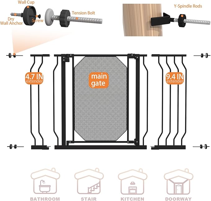 30-47.6" Baby Gate for Stairs & Doorways,Auto Close Extra Wide Dog Gate for House, Pressure-Mounted Safety Gate,with 180°Swing & Dual Lock, with Large Walk Thru Door, for Toddlers and Pets,Black