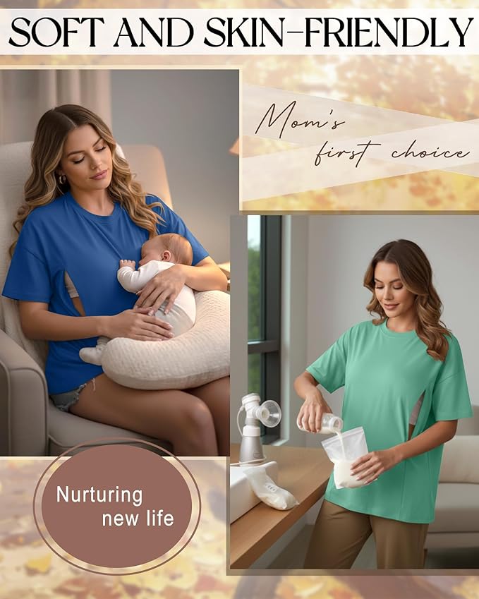 3 Pack Women's Oversize Nursing Breastfeeding Shirts Hidden Zipper Short Sleeve Loose Fit Maternity Tops