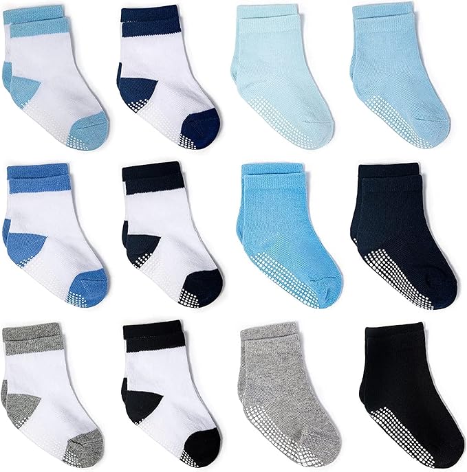 ZAPLES Baby Non Slip Grip Crew Socks with Anti Skid Soles for Infants Toddlers Kids Boys Girls