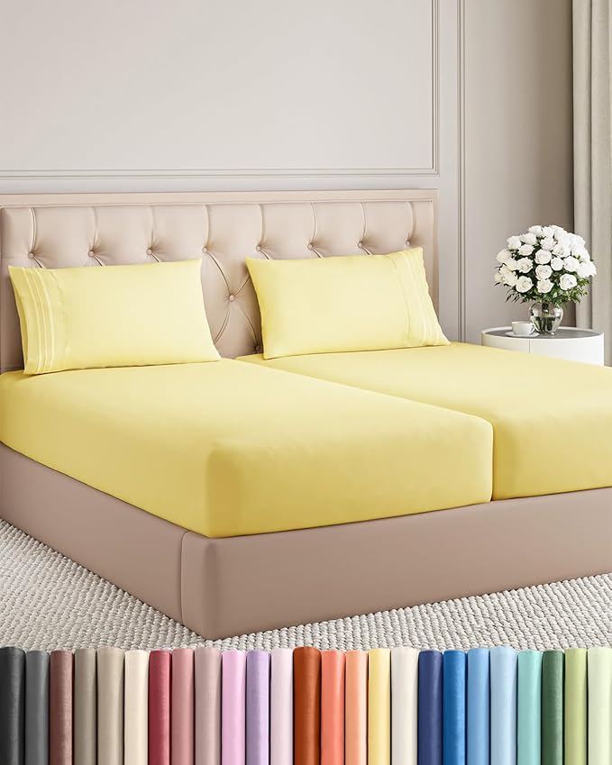 Split King Size 5 Piece Sheet Set - Comfy Breathable & Cooling Bed Sheets Set - Hotel Luxury Bedding for Women, Men, Kids, Teens, Boys & Girls - Deep Pockets, Soft, Wrinkle Free - Oeko-Tex - Yellow