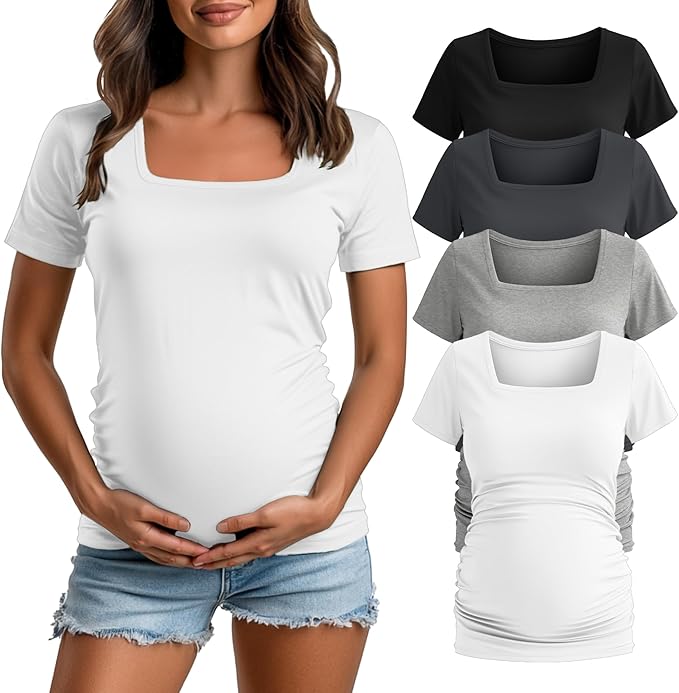 4 Pack Women's Maternity Shirts Cotton Square Neck Pregnancy Tops Side Ruched Summer Short Sleeve Tees Multipack