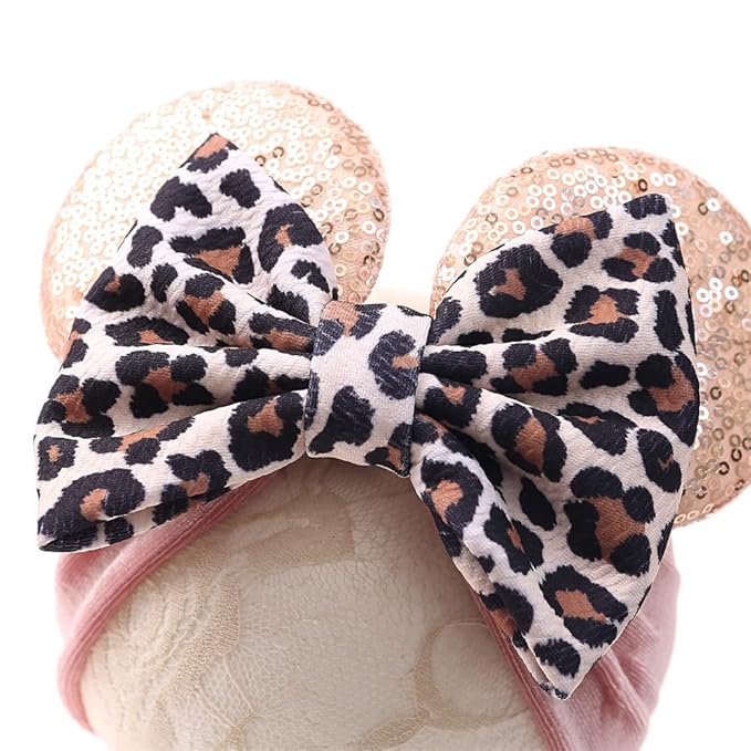 JIAHANG Baby Leopard Bows Turban Knotted Head Wraps, Hair Bows Headbands Stretchy Hair bands for Infant Toddlers Girls (pink leopard)