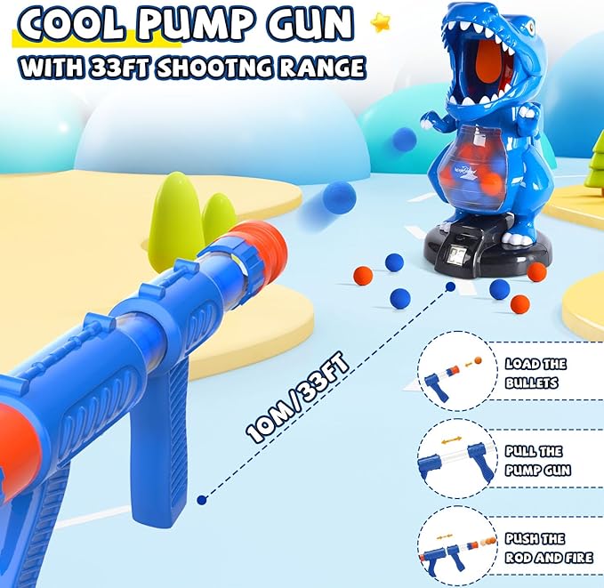 EagleStone T-Rex Dinosaur Shooting Toys for 6 7 8 Year Old Boys, Electronic Shooting Target Game with Air Pump Gun, 24 Balls, Foam Blaster Boy Toys Age 6-8 8-10, Christmas Birthday Gifts for Kids