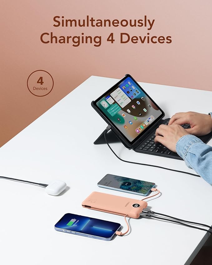 VEGER Portable Charger with Built-in AC Plug and Cables, All in One 10000mAh Ultra Slim Power Bank Travel Essentials, 15W Fast Charging Battery Pack Compatible with iPhone, Samsung, More(Dark Pink)