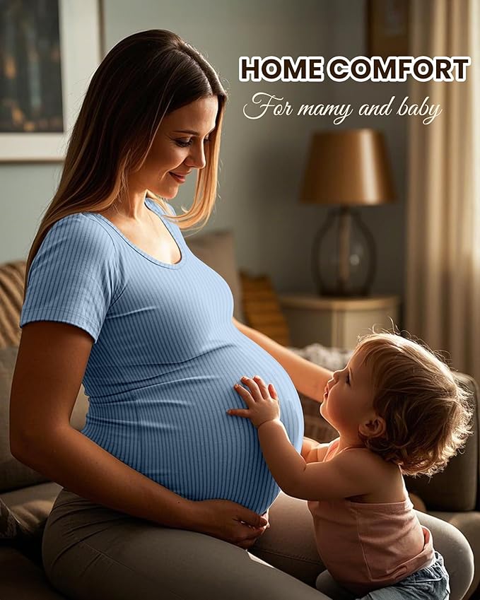 Neer 3 Pack Women's Ribbed Maternity Tops Pregnancy Round Neck Shirts Short Sleeve Soft Maternity Clothes for Mama