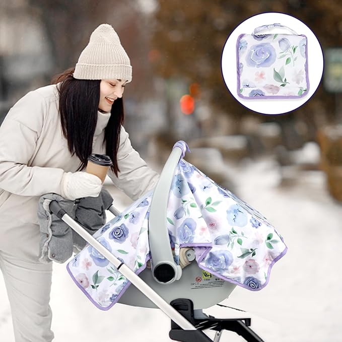 Baby Carseat Seat Cover Girls, Winter Carseat Canopy, Cozy & Warm Cover with Zipper Peep Windows, Infant Minky Carrier Cover, Soft Breathable, Baby Must Have, Purple Romantic