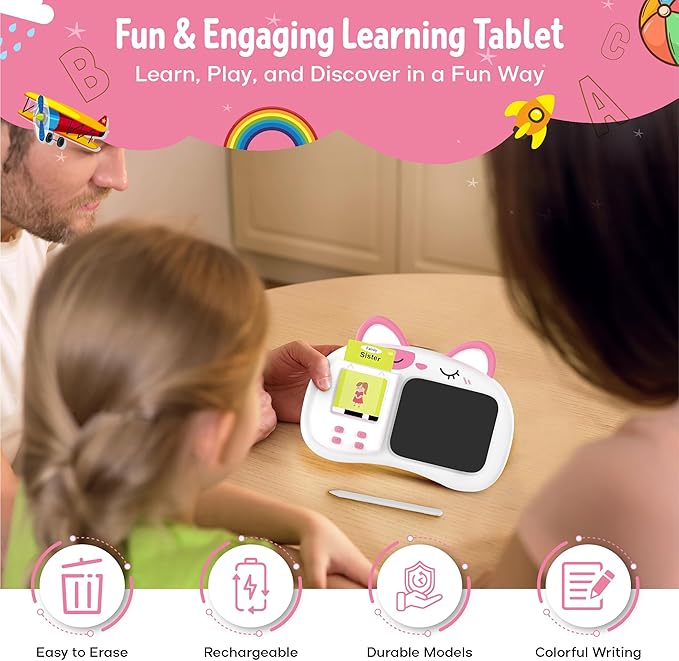 Henry & Colin Smart Talking Flash Cards Reader with LCD Writing Drawing Tablet Card for Kids – Colorful Drawing Pad, Educational Toy, Reusable Board, Travel Essential for Boys & Girls (Pink)