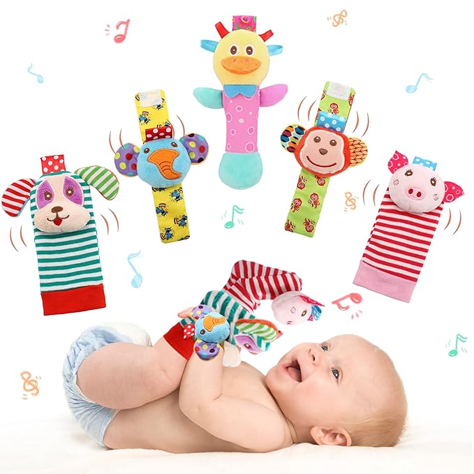 Wrist Rattles Foot Finder Rattle Sock Baby Toy, Rattle Toy, Arm Hand Bracelet Rattle, Feet Leg Ankle Socks, Activity Rattle Present Gift for Newborn Infant Babies Boy Girl Bebe (5 pcs-I)