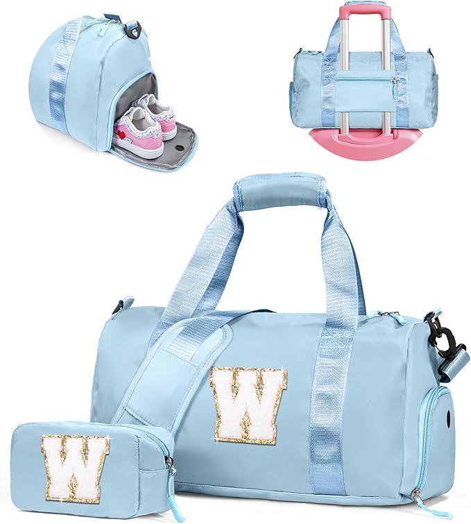 Gifts for Girls-Girl Gym Bag with Shoe Compartment, Kid Personalized Weekender Overnight Bags, Initial Travel Tote with Makeup Pouch, Gift Ideas for Niece Sister (Letter W)