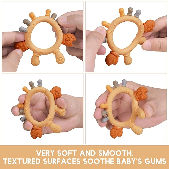 Baby Food Grade Silicone Teether Ring Toy with One Piece Design Pacifier Clip Holder,Teething Toys Gift Set for 3 Months+ Boys and Girls,Freezer Safe,BPA Free.(Yellow Crab)