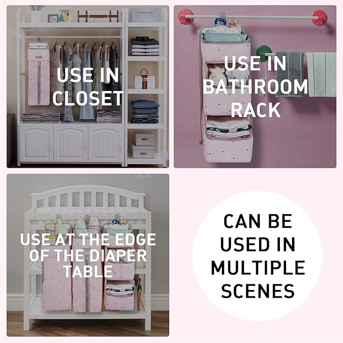 Orzbow 3-in-1 Hanging Diaper Caddy Organizer for Changing Table, Nursery Organization and Diaper Stacker for Crib Wall, Removable Diaper Organizer for Baby Girl Essentials, Pink