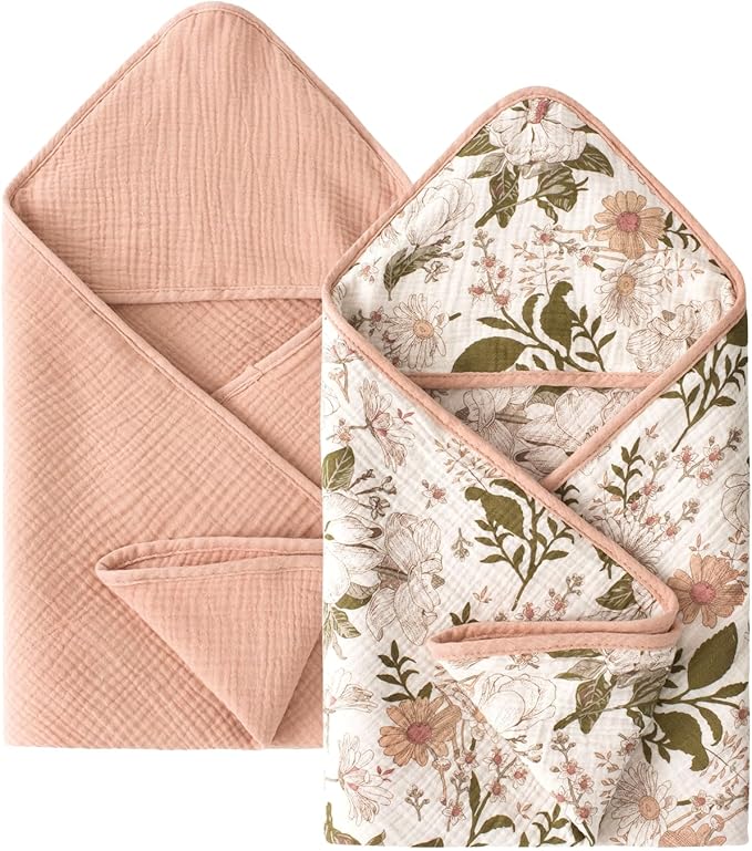 Little Jump Muslin Hooded Baby Bath Towels - 2 Pack 100% Cotton Towel for Babies, Infants, Toddlers - 32x32Inch - Highly Absorbent and Newborn Essential (Vintage Blossom)