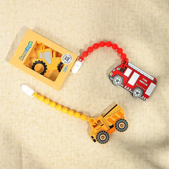 Baby Food Grade Silicone Carrier Vehicle Teether Toy with Pacifier Clip Holder,Teething Toys Gift Set for 3 Months+ Boys and Girls,Freezer Safe,BPA Free. (Fire Truck)
