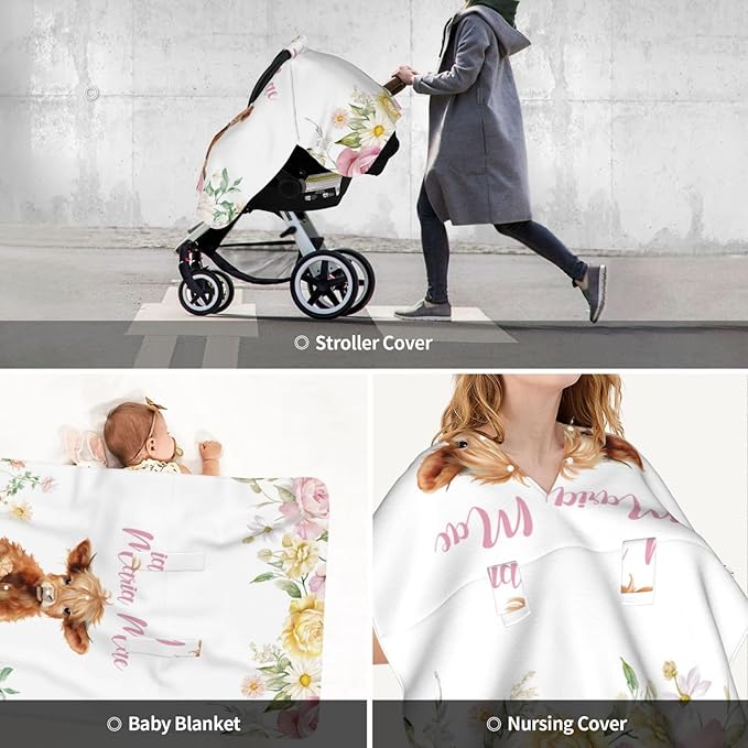 Personalized Baby Girl Car Seat Canopy for Babies, Custom Name Baby Car Seats Cover for Girls, High Land Cow Floral Opening Minky Nursing Breastfeeding Covers for Infant, Carseat Canopies for Newborn