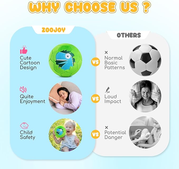 ZOOJOY Soft Balls for Toddlers 1-3, Silent Indoor Soccer Ball Size 3, Plush Inflatable House Ball for Kids 3-5, Kickball Toys First Birthday Gifts for Baby Boys Girls, Green Dinosaur, Pump Include