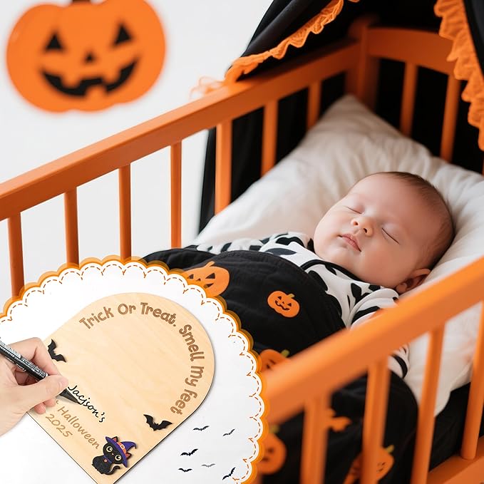 R HORSE DIY Halloween Footprint or Handprint Art Sign with Ink Pad, 3D Newborn Pumpkin Wooden Milestone with Marker Pen, Baby’s 1st Halloween Footprint Keepsake Craft Gift Baby Shower Nursery Decor
