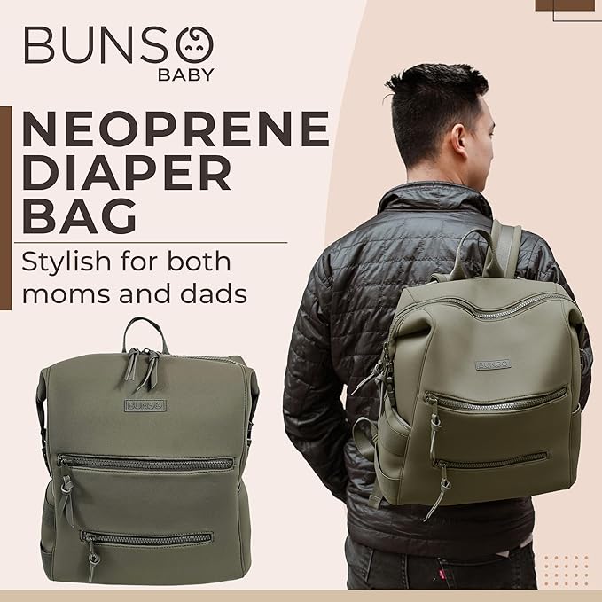 Neoprene Diaper Bag, Minimalist Backpack Diaper Bag with Pouch, Changing Pad, and Stroller Straps, Water Resistant and Lightweight Dad Diaper Bag, Diaper Bag Backpack - Olive