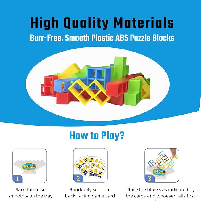 64 Pcs Stacking Tower Game with 22 Cards, Giant Tumble Balance Game for Kids, Family Games for Kids and Adults, Ideal Gifts for Teen Boys & Girls, Party Board Game for Kids 6-12 & Adults
