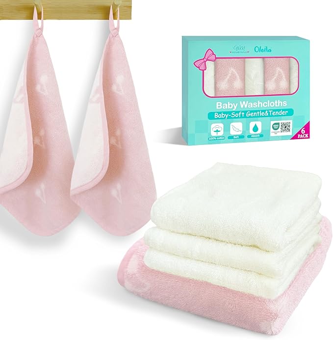 VOOVA & MOVAS Cherry & Ivory Baby Washcloths | 12x12 Inches | Highly Absorbent | 6 Pack 100% Cotton | Ultra-Soft Newborn Towels | Perfect Set,Baby Essentials | Jacquard Cherry & Ivory Colors