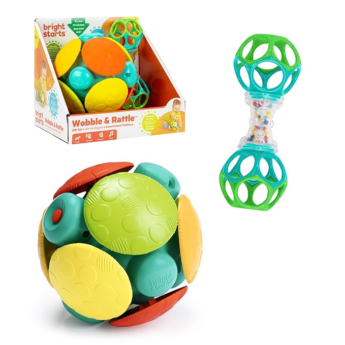 Bright Starts Wobble & Rattle Gift Set 2-PK Baby Toys, Rattles & Ball Toys, Crawl & Chase, Cause and Effect Learning, Unisex, 3-6 Months and Up