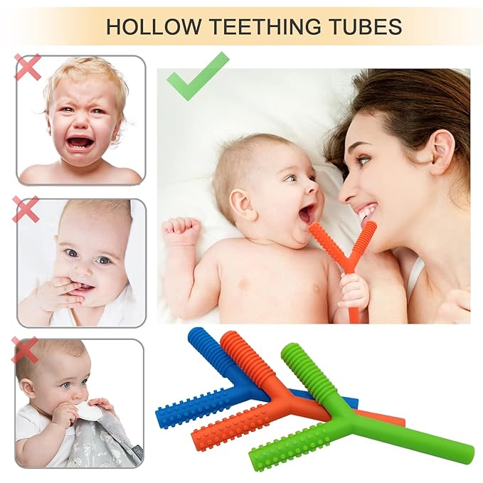Hollow Teething Tubes Toys for Babies Girls Boys, 5 Pack Silicone Baby Teether Toy Tube for Infants with Nursing Biting Chewing, Chew Straws for Toddlers 6-12 Months (Style C)
