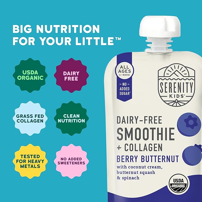 Serenity Kids 6+ Months Smoothie Baby Food Pouch - Berry Butternut, 3.5 Fl Oz, 6 Pack - Grass Fed Collagen Protein - Dairy Free Smoothie Pouch & No Added Sweeteners