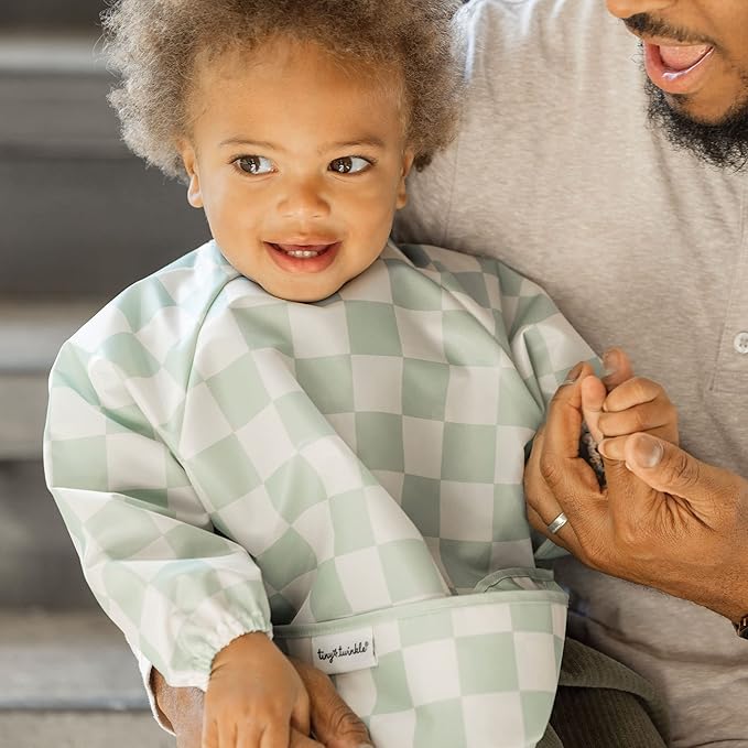 Tiny Twinkle Long Sleeve Bib for Babies & Toddlers | Waterproof Smock Bib for Eating | Machine Washable & Mess-Proof Feeding Essentials | Newborn Shower Gift (Checkers Sage, 6–24M)