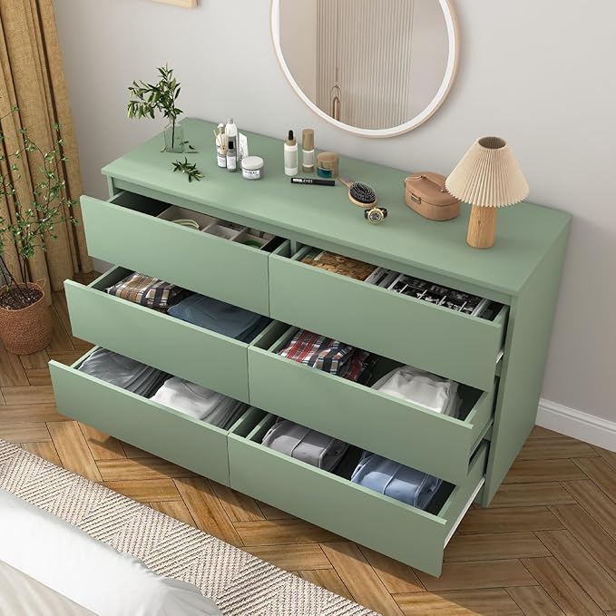 Green Dresser for Bedroom, Modern Large 6 Drawer Dresser with Deep Drawer,Wide Storage Chest of Drawers,TV Stand for Living Room