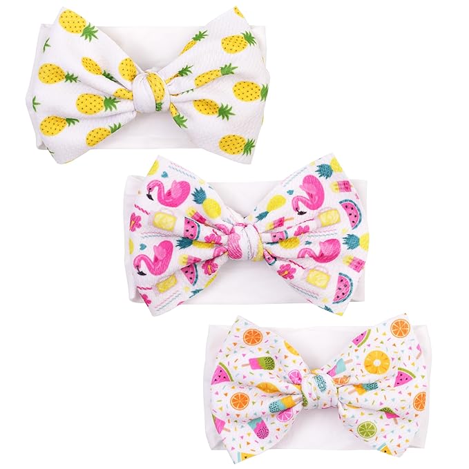 Baby Bow Headbands 3 Pcs Baby Girl Headbands with Bows Soft Nylon Fruit Print Headband Bows for Baby Girls, Newborns, Infants